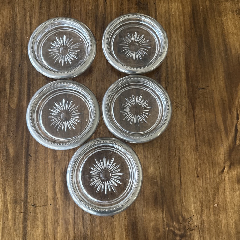 Vintage Leonard Glass Starburst Silverplated Set of 5 Coasters/Ashtrays - Italy